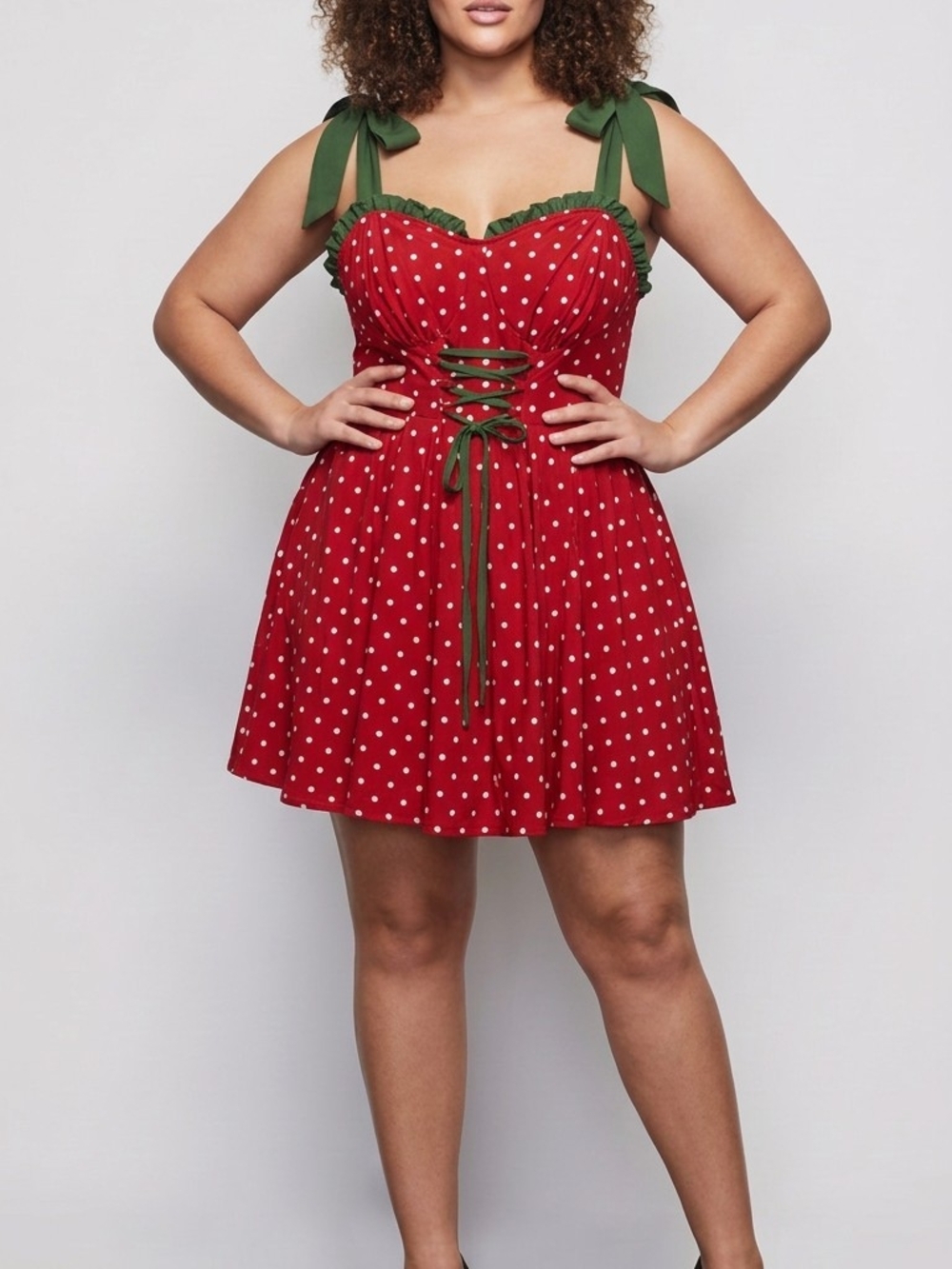 SHEIN Red Polka Dot Mini Dress with Green Tie Straps